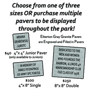 Clubhouse Row, at the foot of the 600-yard highpower range, features pavers that can be personalized with individual, club or company names, dates and special messages. The 4” x 8” and 8” x 8” engraved pavers are a way to recognize and honor family, friends, veterans, and fellow shooters. A special 4" x 4" engraved paver is also available for junior shooters.