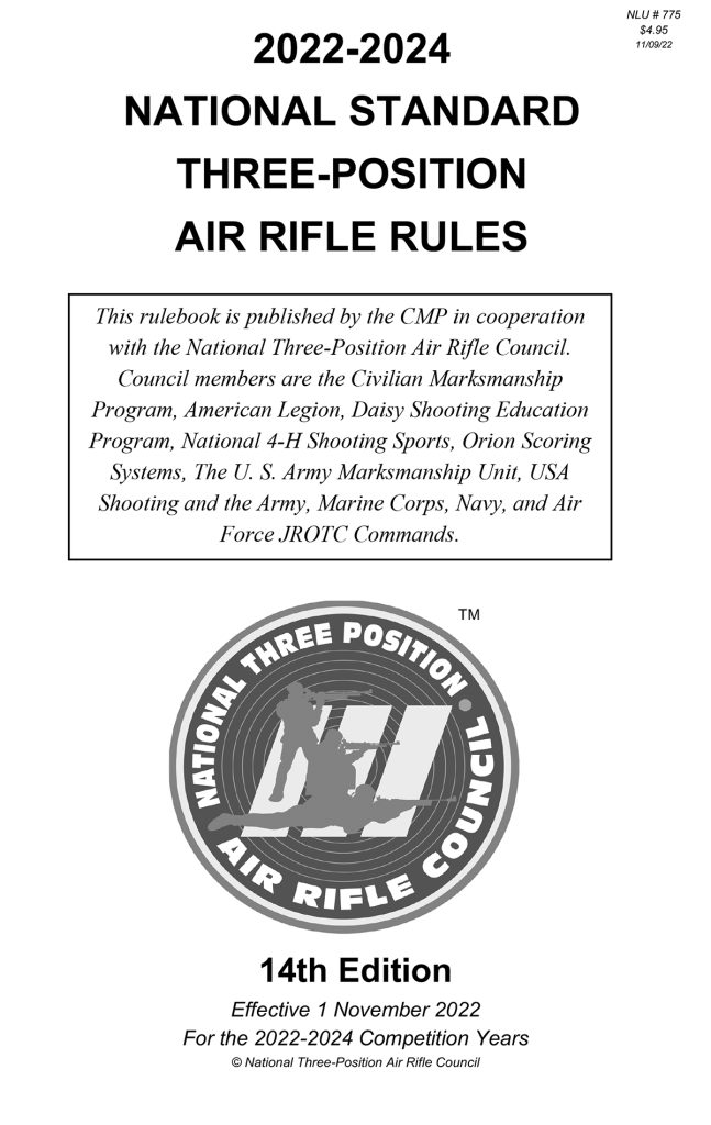 Cover of the 2022-2024 National Standard Three-Position Air Rifle Rules book.