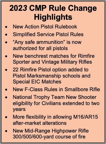 2023 CMP Rule Change Highlights
• New Action Pistol Rulebook
• Simplified Service Pistol Rules
• “Any safe ammunition” is now authorized for all pistols
• New benchrest matches for Rimfire Sporter and Vintage Military Rifles
• 22 Rimfire Pistol option added to Pistol Marksmanship schools and Special EIC Matches
• New F-Class Rules in Smallbore Rifle
• National Trophy Team New Shooter eligibility for Civilians extended to two years 
• More flexibility in allowing M16/AR15 after-market alterations
• New Mid-Range Highpower Rifle 300/500/600-yard course of fire