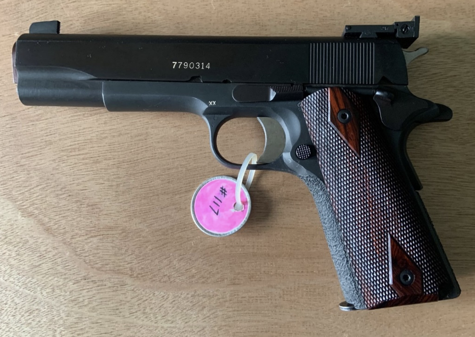 A close up photograph of Engelmeier's Hardball handgun.