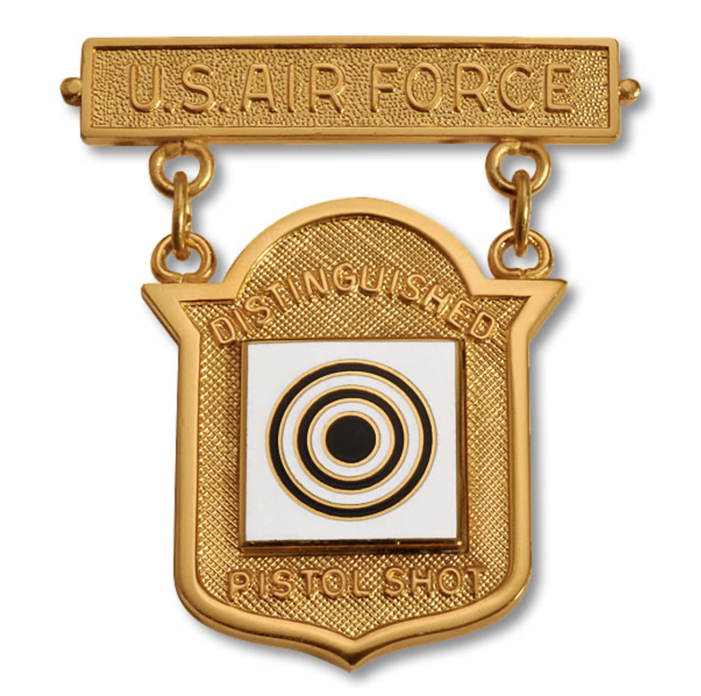A closeup photo of the USAF Gold Distinguished Pistol Shot medal.
