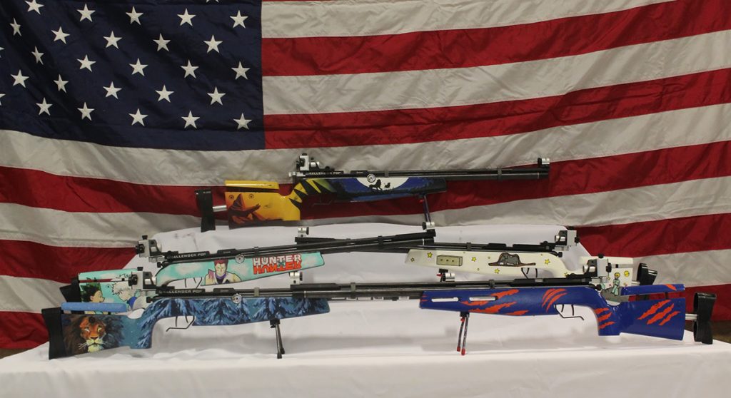 Painted rifle stocks of the Walhalla JROTC Razorback rifle team