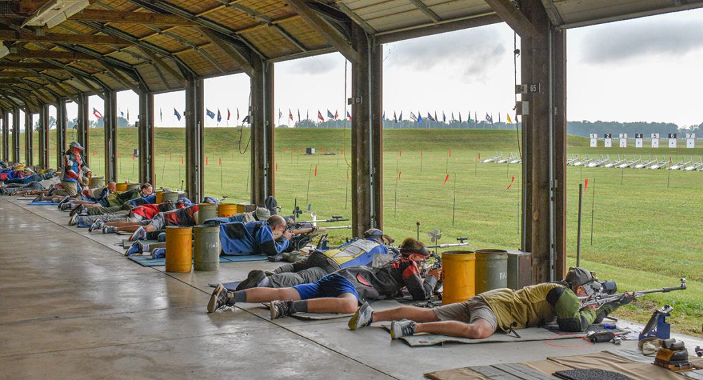 Line of prone smallbore competitors.