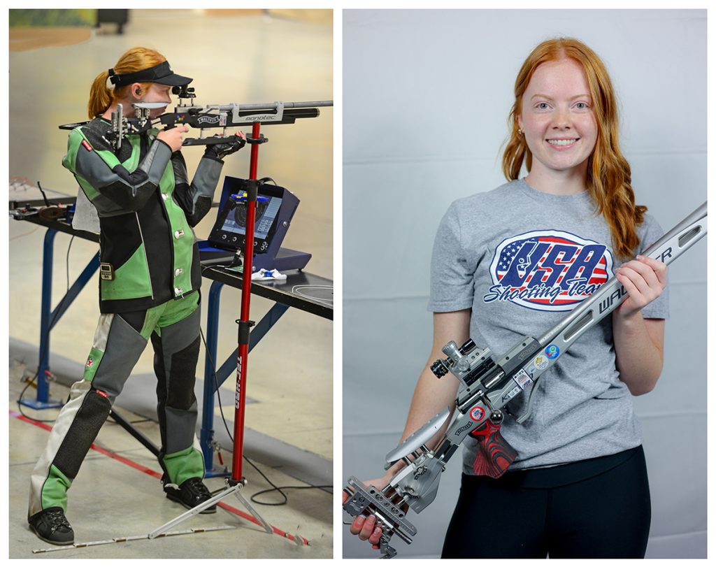 A composite photo of Katie Zaun. On the left, she is on the firing line during an air rifle match. On the right, Katie poses for a professional studio photograph, holding her smallbore rifle.