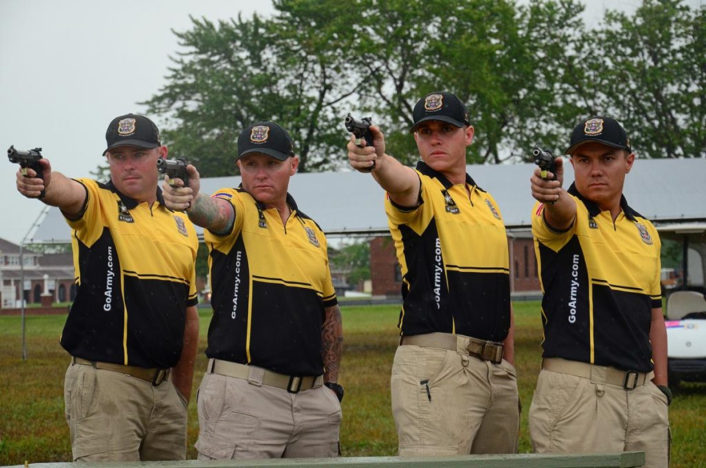 The U.S. Army Marksmanship Unit Team Blue overtook the National Trophy Pistol Team competition with a score of 1150-43x. Members are (left to right) SFC Adam Sokolowski, SFC Patrick Franks, SGT Ryan Franks and SSG Lawrence Cleveland.