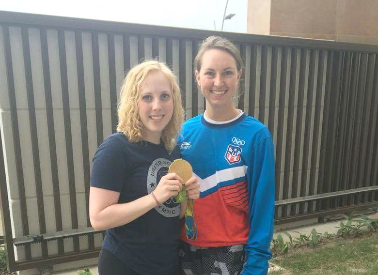 CMP Rifle Camps alumni Ginny Thrasher with her gold medal poses with Ashely MacAllister in Rio. Both Ginny and Ashley are past participants in CMP’s premier Air Rifle Camps. MacAllister is in Rio as the Rifle Team Coach for Puerto Rico. 