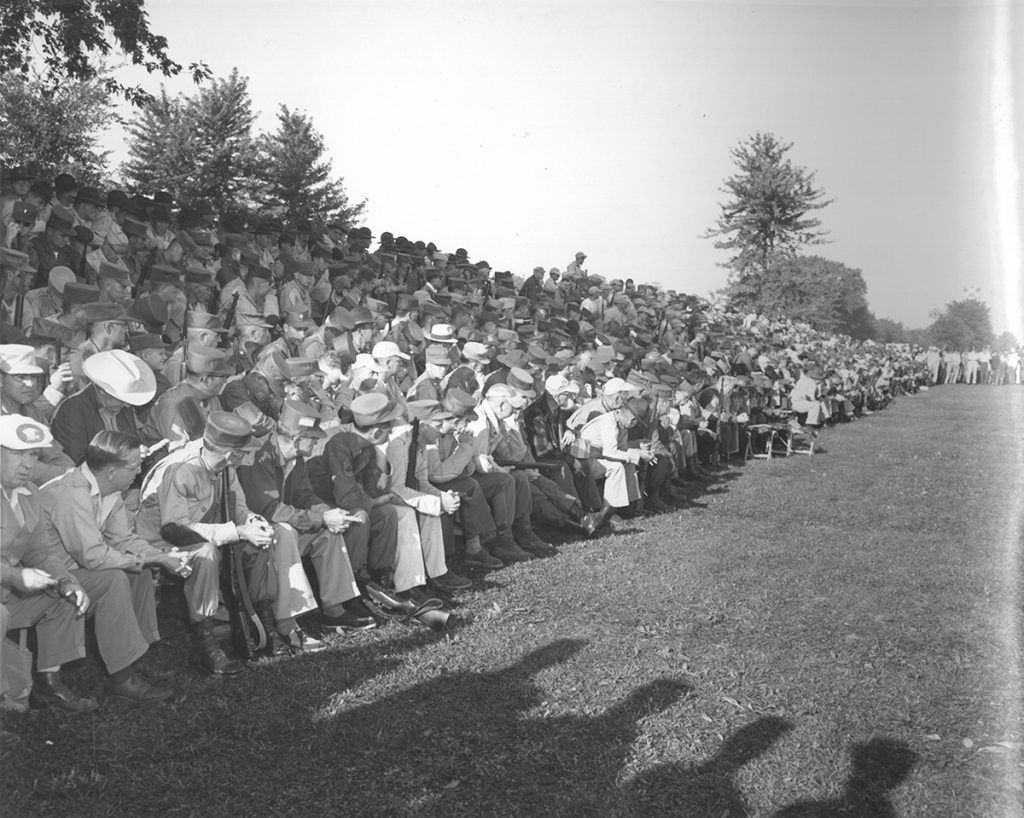 A photo from 1956 during the National Matches at Camp Perry. Spectators and guests are welcome to attend any event at the National Matches. If you plan on visiting Camp Perry, please stop in at the National Matches Welcome Center for a schedule of events and additional information.