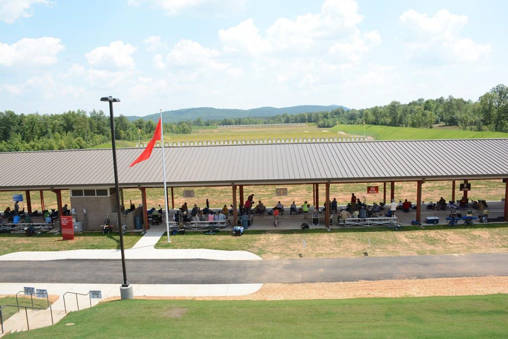 Covered firing lines shield competitors from the sun at each firing line at Talladega Marksmanship Park.