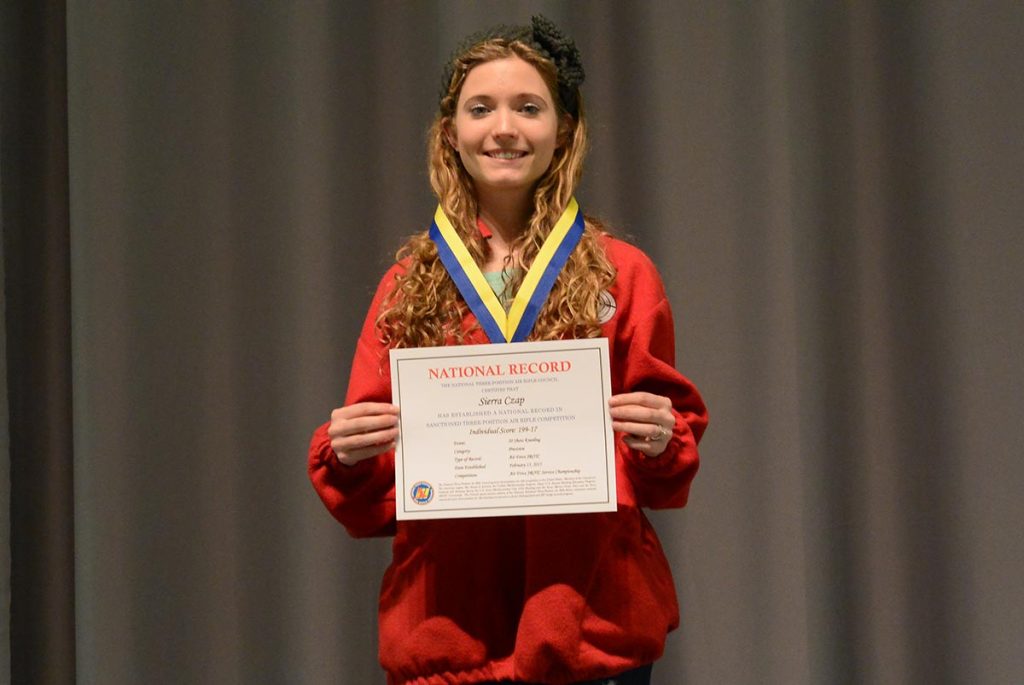 Sierra Czap of Franklin County High School, VA, was the high Precision shooter in the Air Force competition. She also set a new Air Force JROTC 20 Shot Kneeling record, with her individual score of 199-17x. Her team placed first in the team competition. 