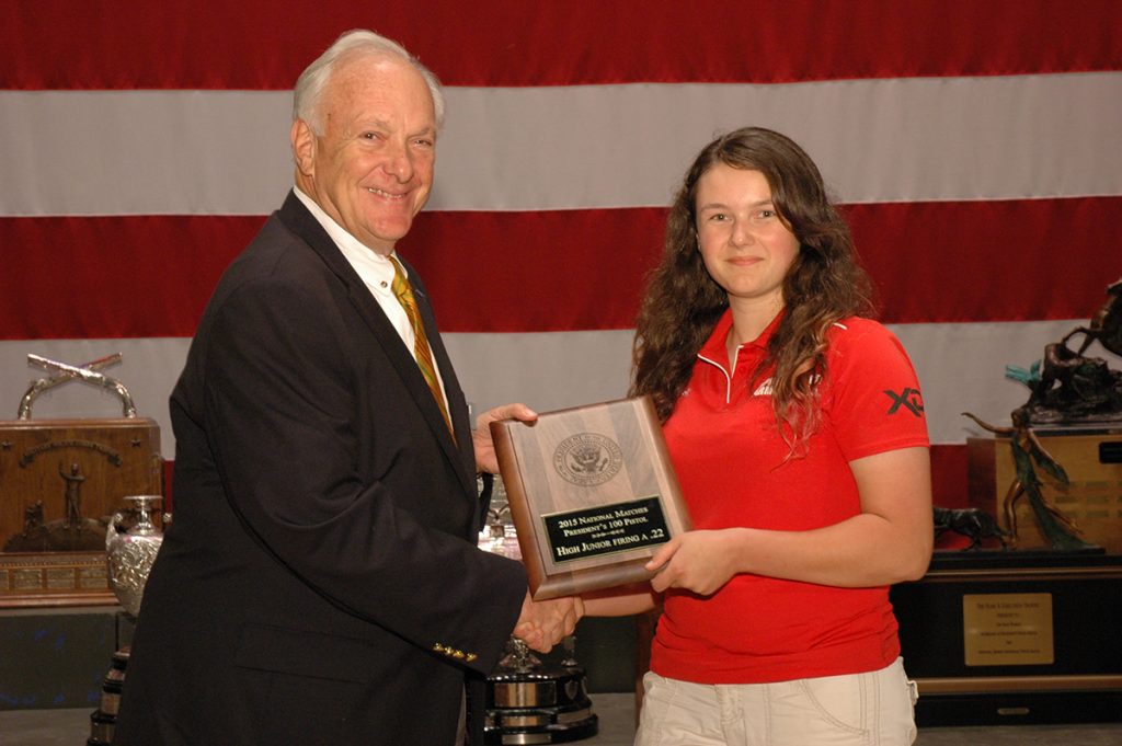 Lisa Emmert was the overall winner in the Junior President’s Pistol Match and set a new record with her score of 374-8x.