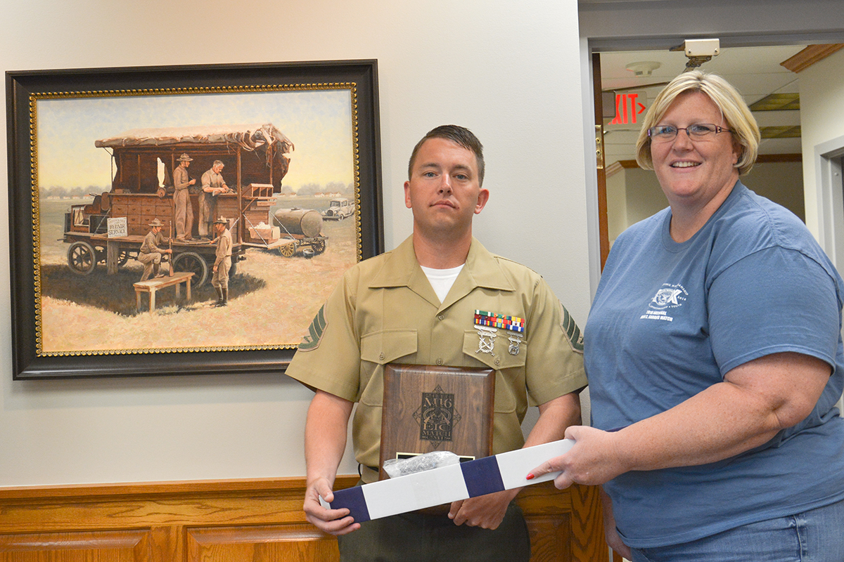 SSgt Josh Heckman, 30, of the U.S. Marine Corps, was the high competitor of the SAFS M16 Match. Shannon Hand, CMP Competitions Manager, awarded SSgt Heckman with his plaque and barrel donated by Criterion Barrels.