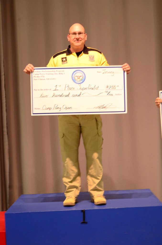 SFC James Henderson of the Army Marksmanship Unit was the overall winner in the Open Pistol competition. For his win, Henderson was awarded a check for $200 from the CMP. Second place earned $150, while third received $100.