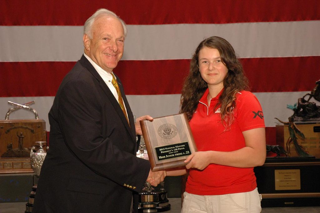 Lisa Emmert was the overall winner in the Junior President’s Pistol Match and set a new National Record with her score of 374-8x. 