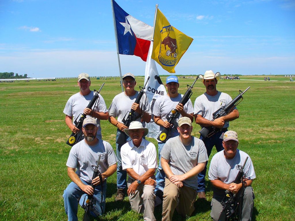 TSRA Gold NTIT Rifle Team Winning the Leatherneck Trophy Standing (L-R): Buddy Reich, Randy Scheibel, Kyle Hoelscher, Clay Hefner Kneeling (L-R): Keith Stephens, Dave Wilson (Coach), Justin Utley (Captain), Tony Miller 