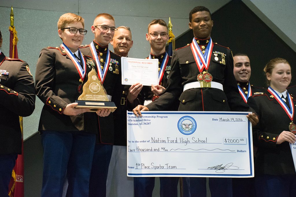 Nation Ford High School from South Carolina fired a score of 4430-140x to earn first place in the overall sporter team competition. The team members set a Marine Corps National Record with their performances.