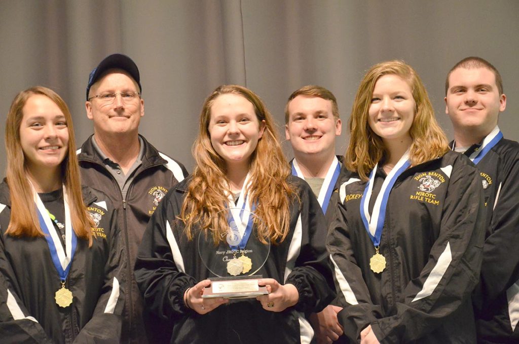 Zion Benton High School in Illinois fired a score of 4364-129x to earn first overall in the Navy sporter team competition. Howard Norrish (back, second from right) set a new Navy JROTC National Record.