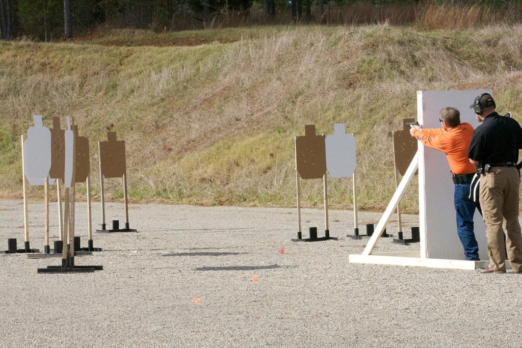 Cardboard cutouts, metal collapsible targets, barrels and netting are just some of the things observers will see scattered throughout each course of a USPSA event. A person is situated behind each competitor to let him or her know when to begin each stage.