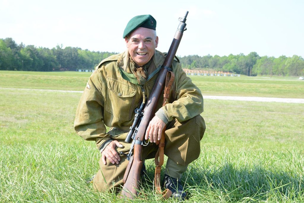 Jeff Rowsam wore an authentic British WWII Royal Marine uniform during the Eastern Games Vintage Sniper Match – looking dapper in his Denison smock.