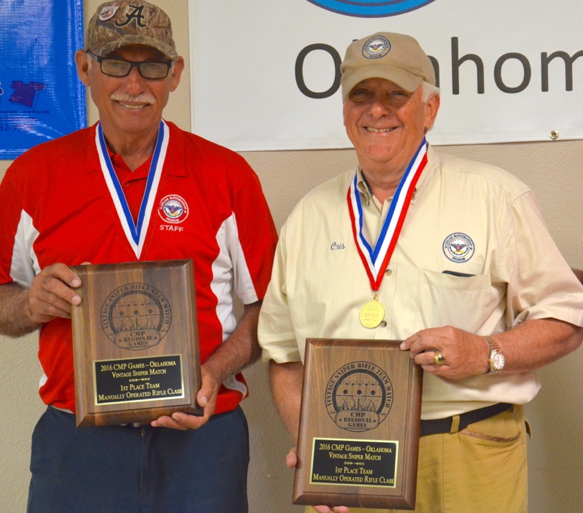 “Team CMP,” by firing members Don Rutherford, left, and Cris Stone topped all competitors in the bolt-action sniper rifle class of 31 teams.