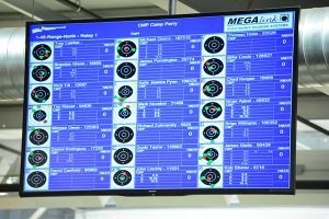 Large monitors display each competitor’s shots so that spectators may keep track of the action during competition. 