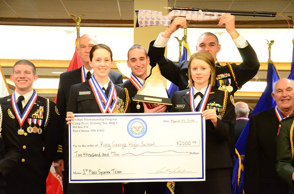 Last year, King George High School, VA, took home the first place trophy in the JROTC National sporter team competition. Team member Hunter Cushman (center) was the overall sporter competitor for the second year in a row. 
