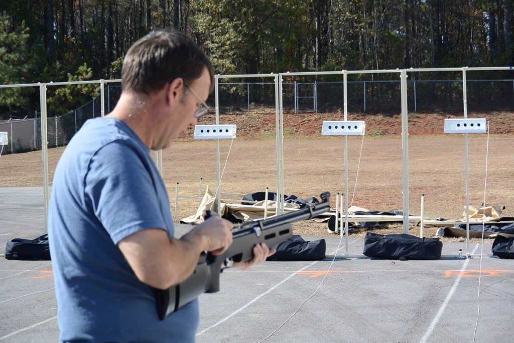 The targets used during the sprint are knockdown targets – comparable to those used during biathlon events. When a marksman strikes the target, the target will be covered by a metal blocker, to show it has been hit. After competitors cover all five target areas and begin to run, the targets are reset by pulling a string on the firing line attached to the target itself.