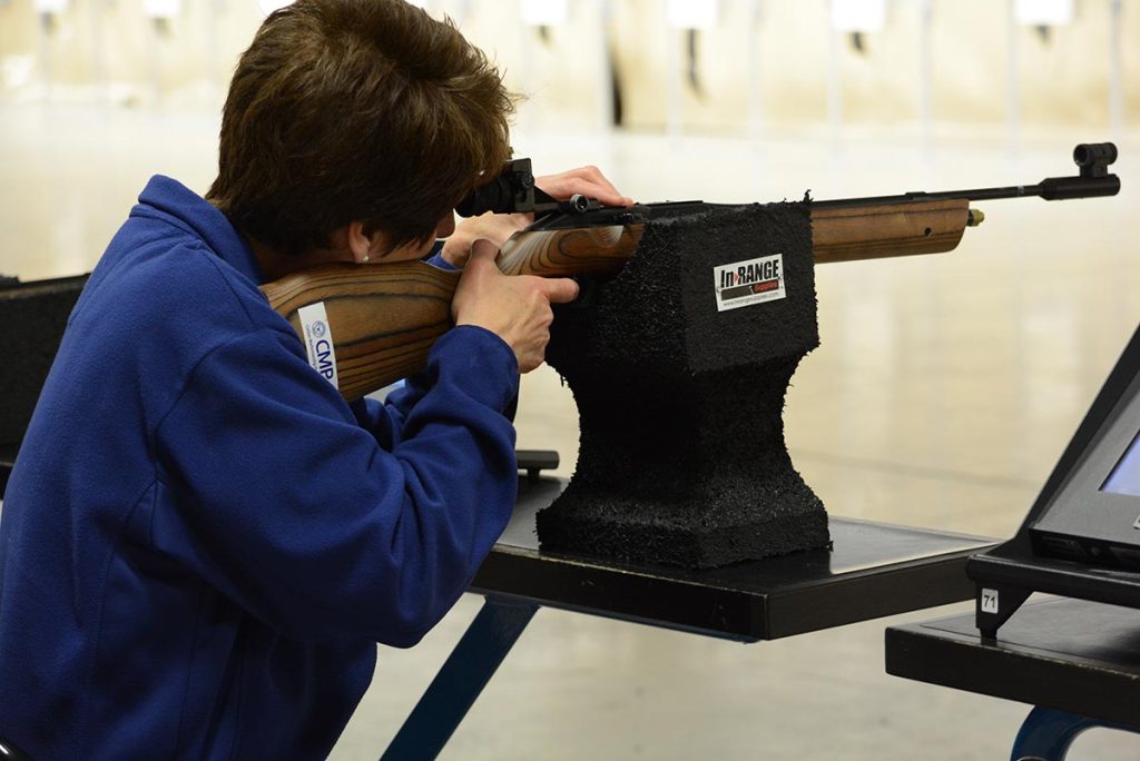 Area residents, such as Linda Twarek, attend the CMP’s Open Public nights, where anyone is welcome to the range for a fun evening of air rifle fun. 