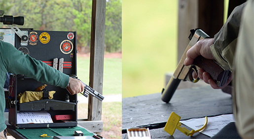 Ready position violations: On left, the pistol is too high; on right, the pistol is resting on the bench. The muzzle must be clear of the bench or anything on the it (pistol rest, support or pad). The arm must be down at a 45-degree angle or as close to the bench as possible without touching.
