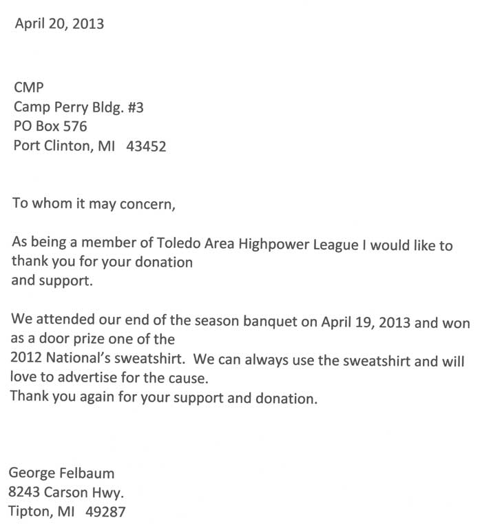 Toledo Area Highpower League Donation
