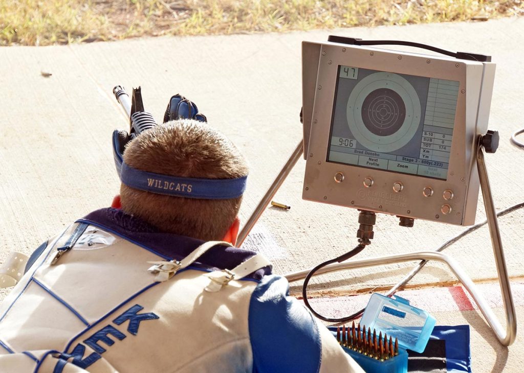 Here is a typical firing point set-up for shooting service rifles on the CMP Talladega Marksmanship Park highpower rifle range. Competitors’ shot locations and official scores are indicated on their firing point monitors immediately after each shot.